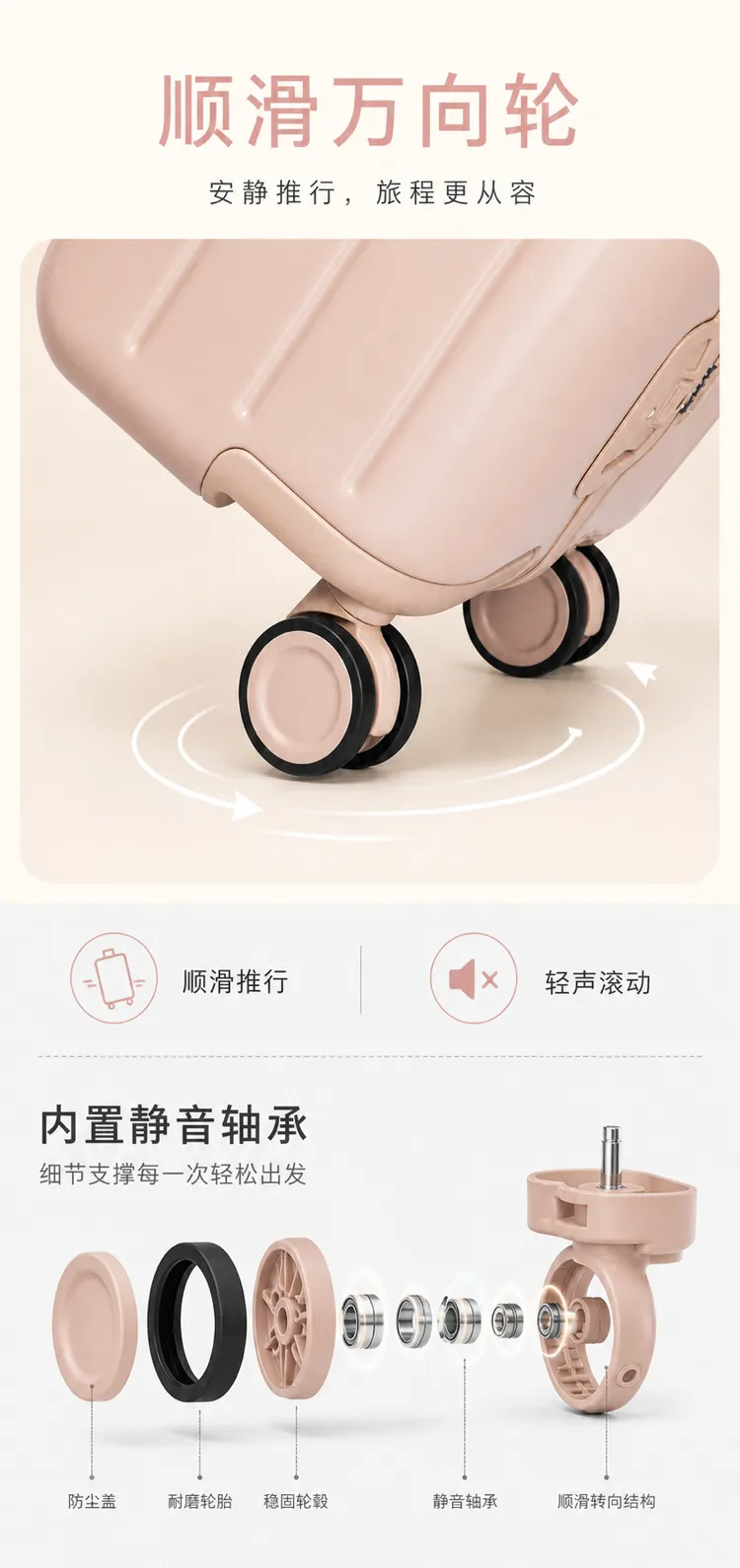 粉色手提箱静音轮毂与轴承图｜AI 生图提示词