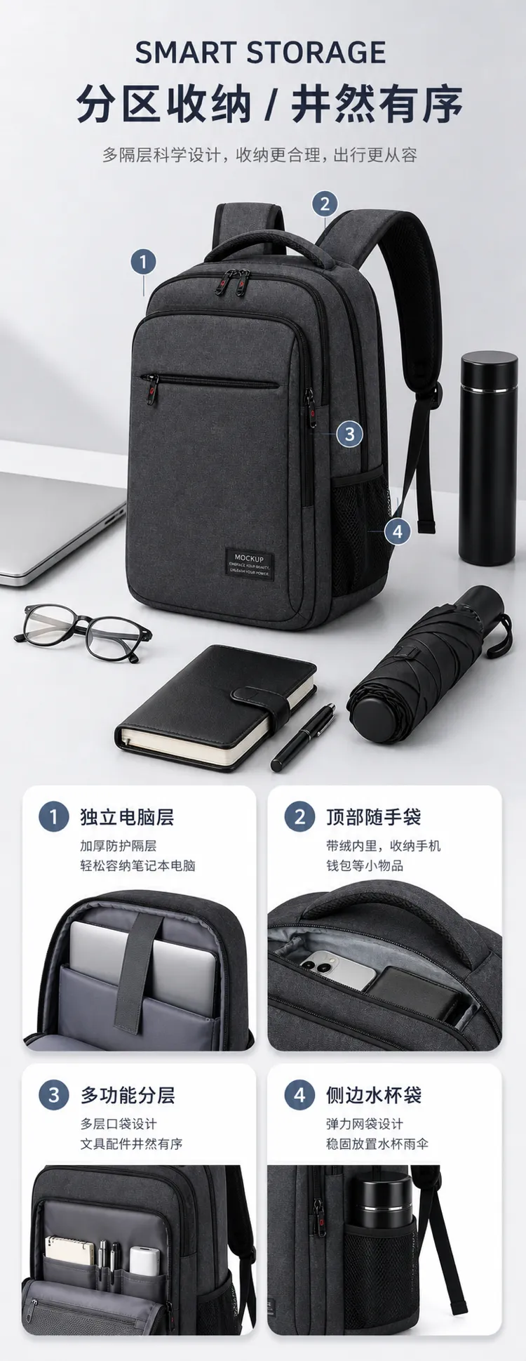灰色智能储物背包，带多个隔层｜AI 生图提示词