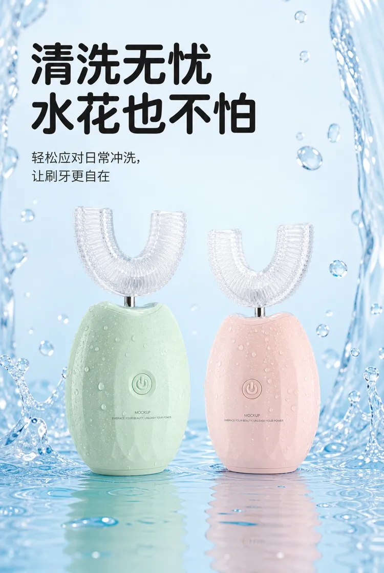 绿色和粉色的U形电动牙刷在水中｜AI 生图提示词