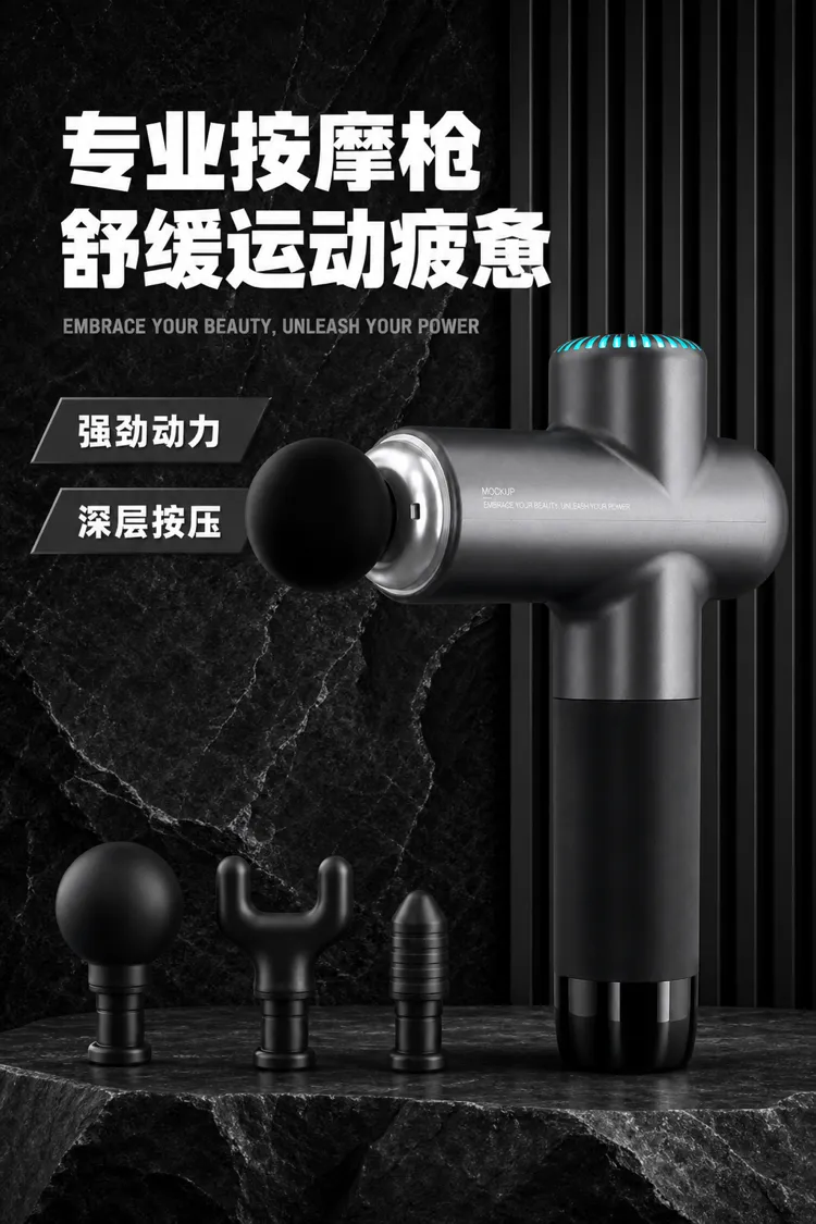 专业黑色按摩枪肌肉缓解｜AI 生图提示词