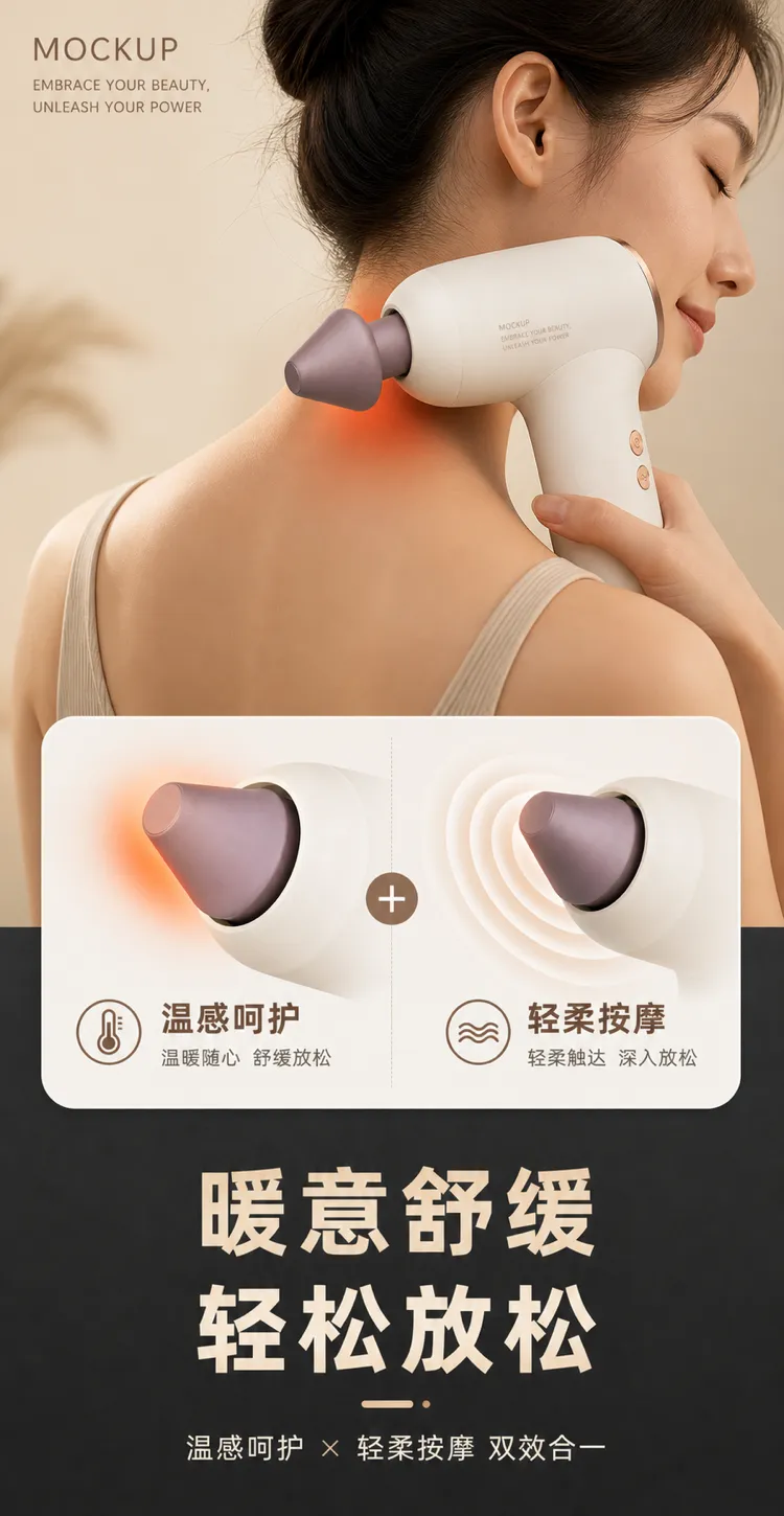 一位使用白色手持颈部按摩器的女性｜AI 生图提示词