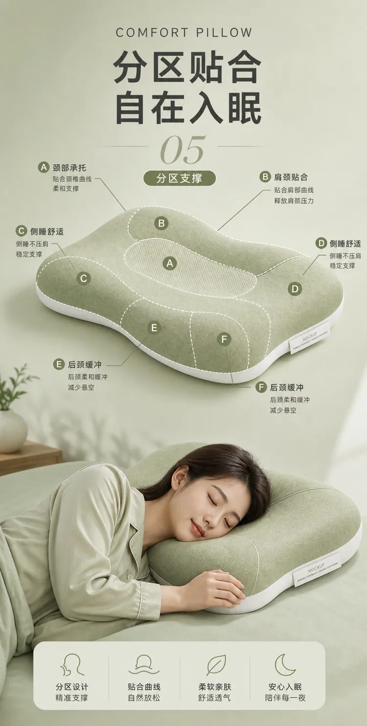 人体工学分区舒适枕，助你提升睡眠质量｜AI 生图提示词