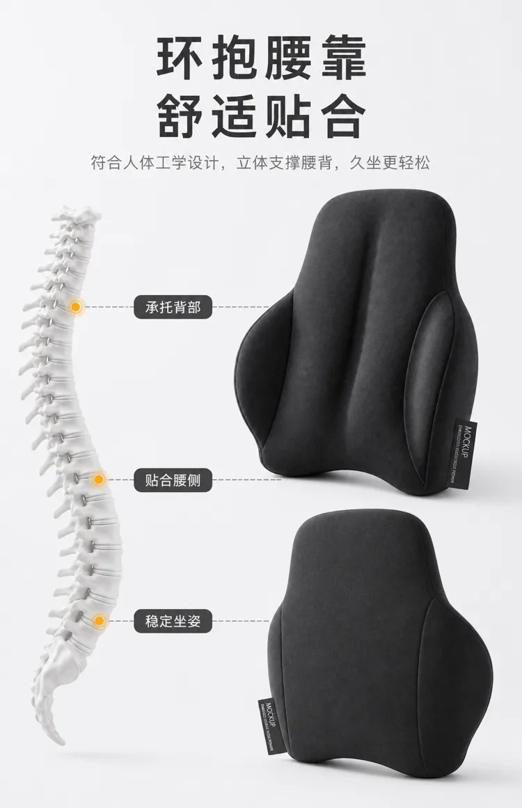 人体工学黑色腰部支撑垫设计｜AI 生图提示词