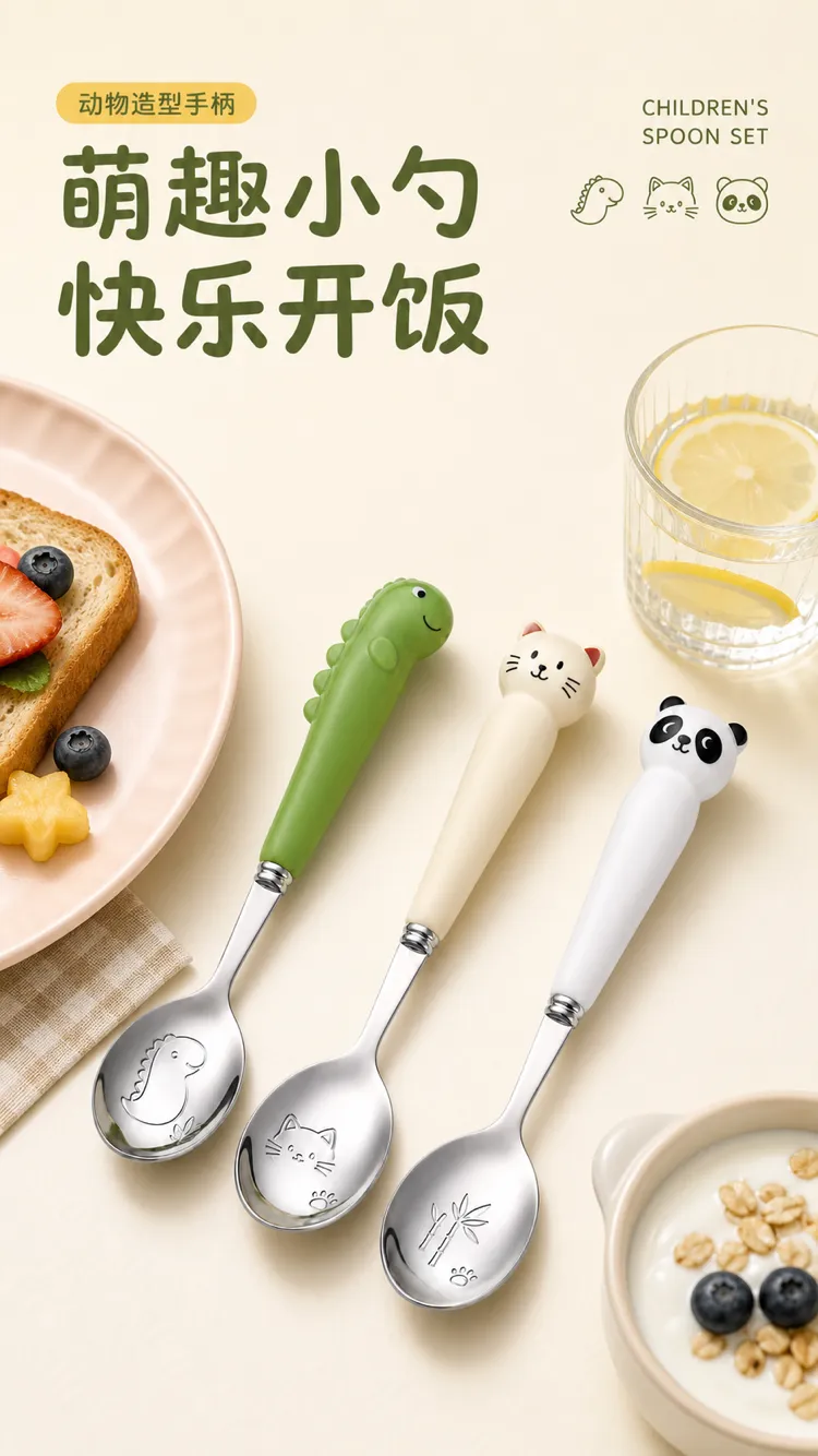 可爱动物把手儿童勺子套装｜AI 生图提示词