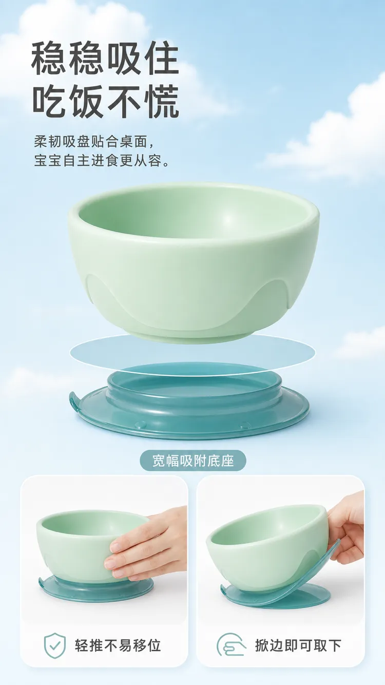 绿色婴儿吸盘，底座宽｜AI 生图提示词