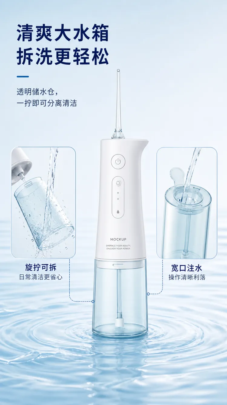 白色便携式水牙线器，带大型可拆卸水箱｜AI 生图提示词