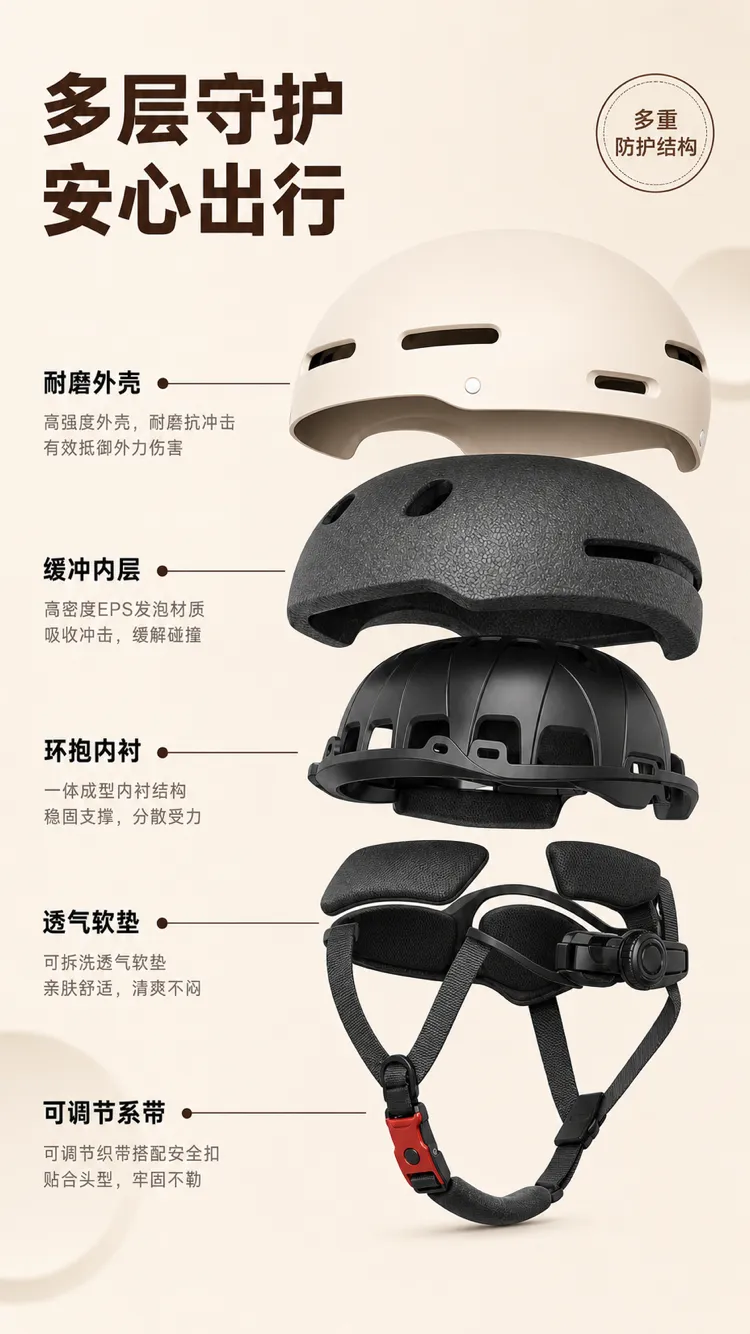 多层安全头盔结构的爆发视图｜AI 生图提示词