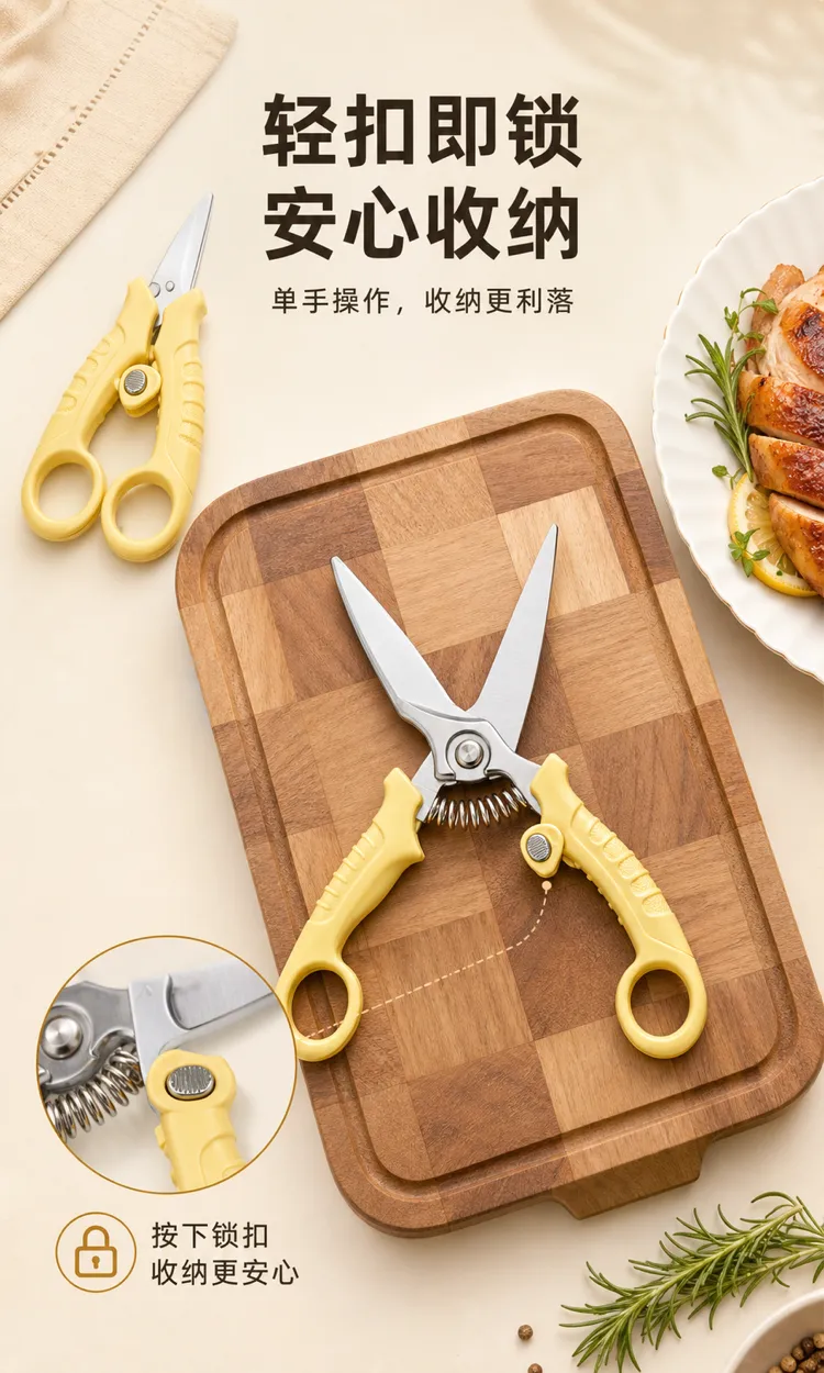 带安全锁的黄色厨房剪刀｜AI 生图提示词