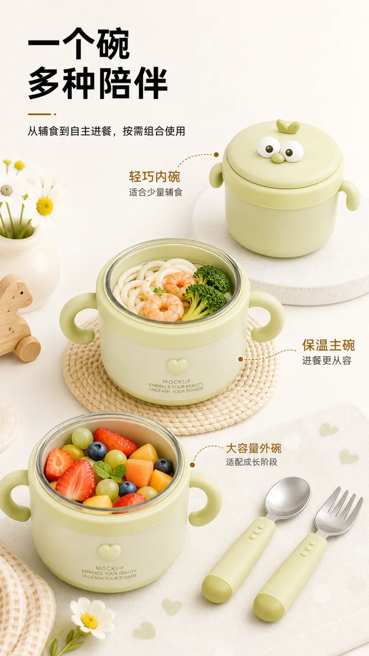 绿色婴儿喂食碗套装，配有勺子和叉子｜AI 生图提示词