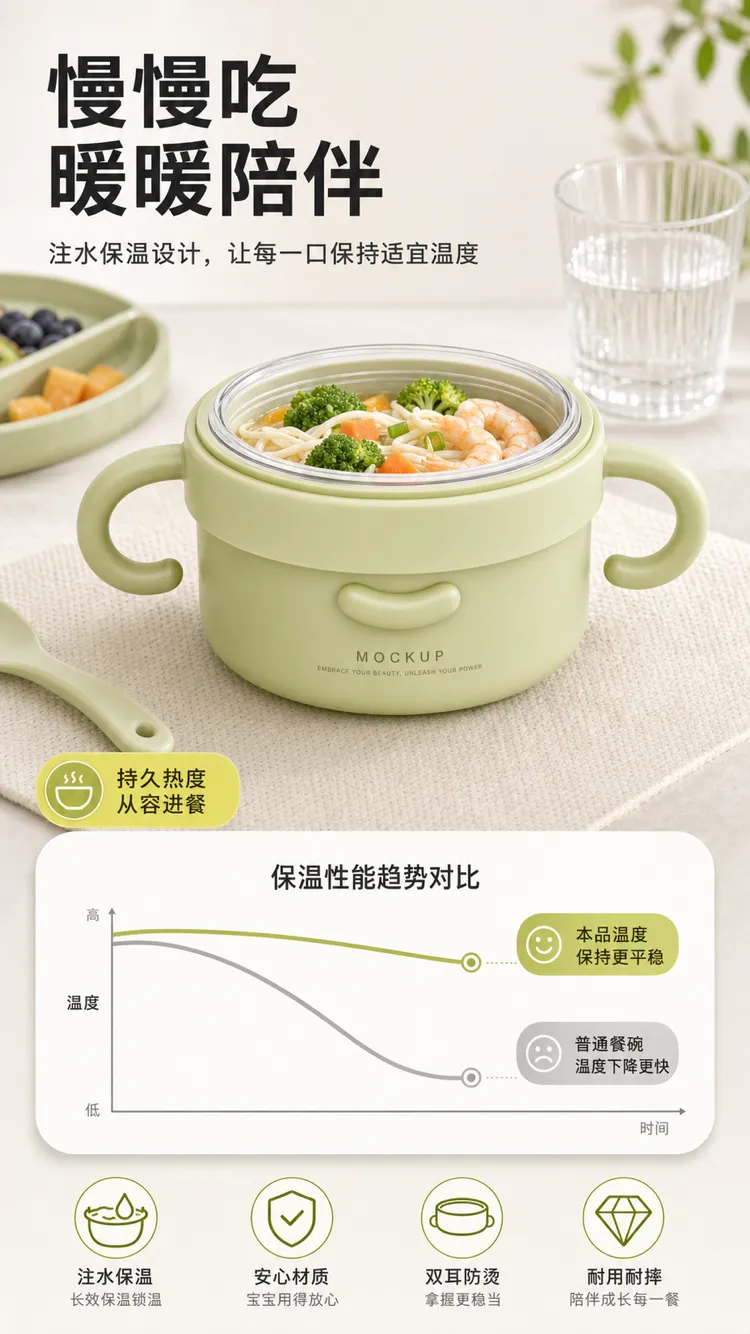 绿色婴儿碗配双把手模型｜AI 生图提示词