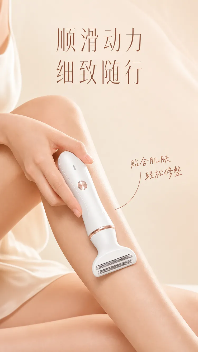 女人用白色电剃刀刮腿｜AI 生图提示词