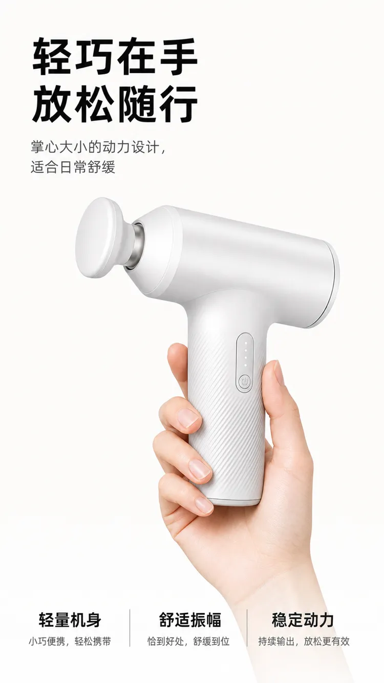 白色便携式手持按摩枪｜AI 生图提示词