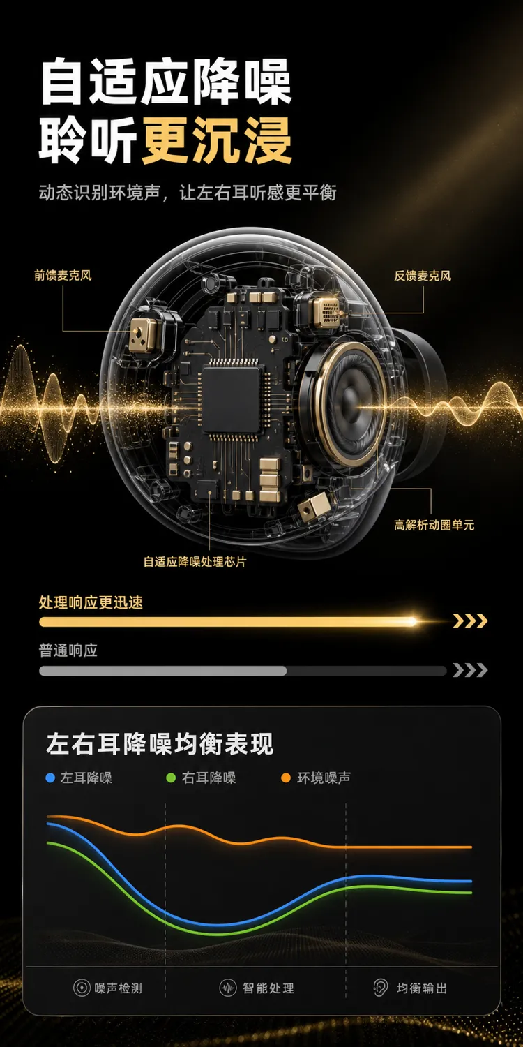 自适应降噪耳机技术示意图｜AI 生图提示词