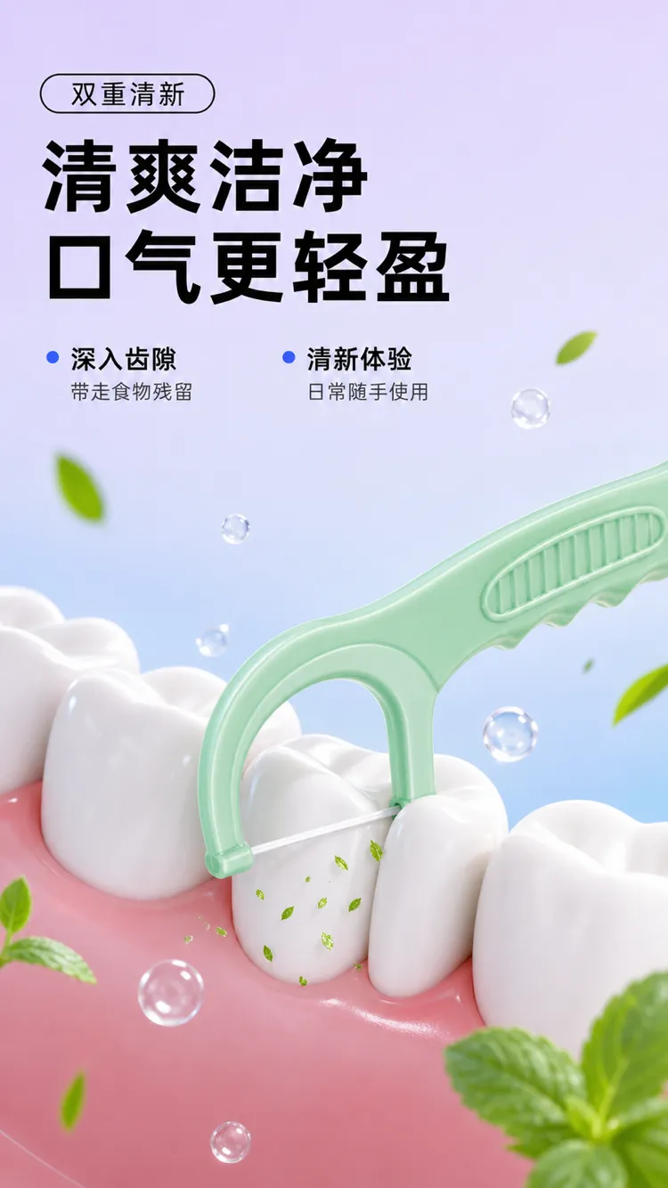 绿色牙线刷牙清洁牙齿｜AI 生图提示词