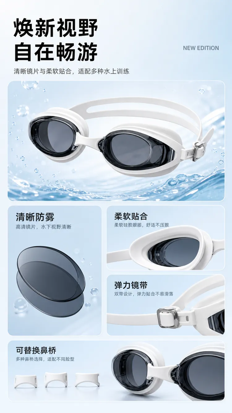 白色防雾游泳镜用于水上训练｜AI 生图提示词