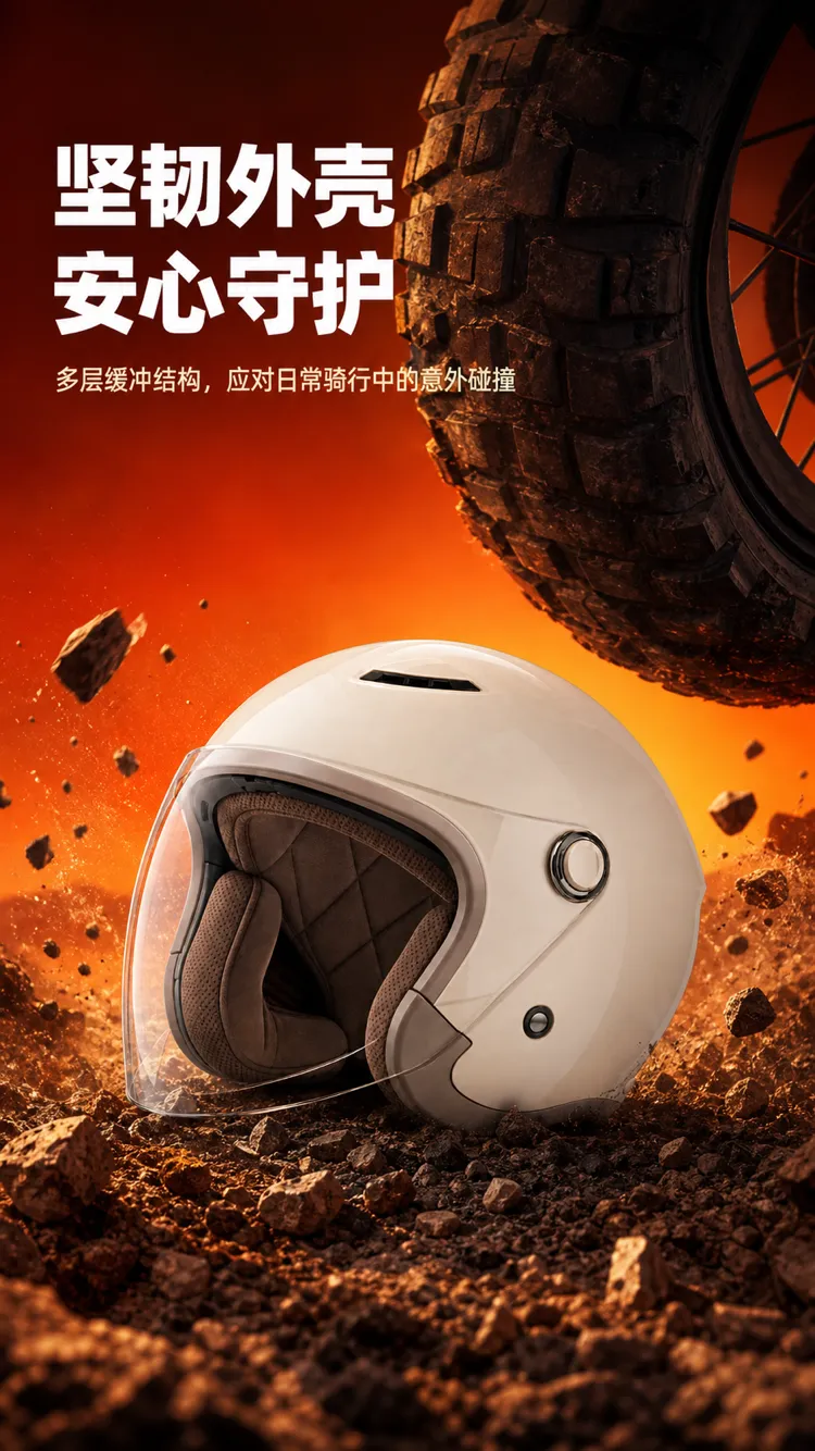 岩石地面上的白色开放式摩托车头盔｜AI 生图提示词