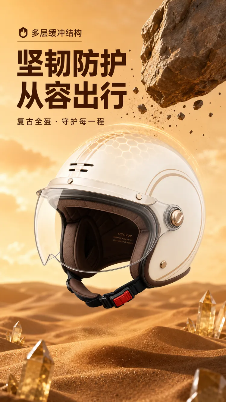 白色复古摩托车头盔，防护坚固｜AI 生图提示词