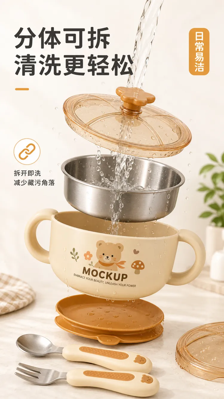 可拆卸儿童碗套装，带不锈钢内衬｜AI 生图提示词