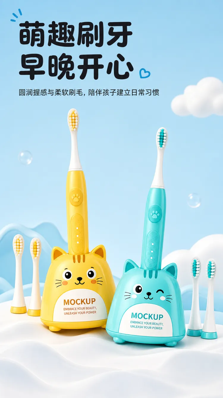 可爱的猫咪电动牙刷套装｜AI 生图提示词