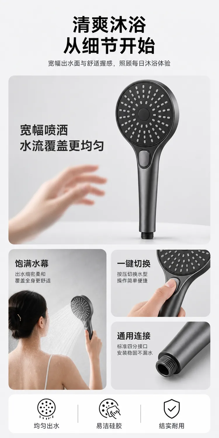 黑色手持花洒，带宽水流｜AI 生图提示词