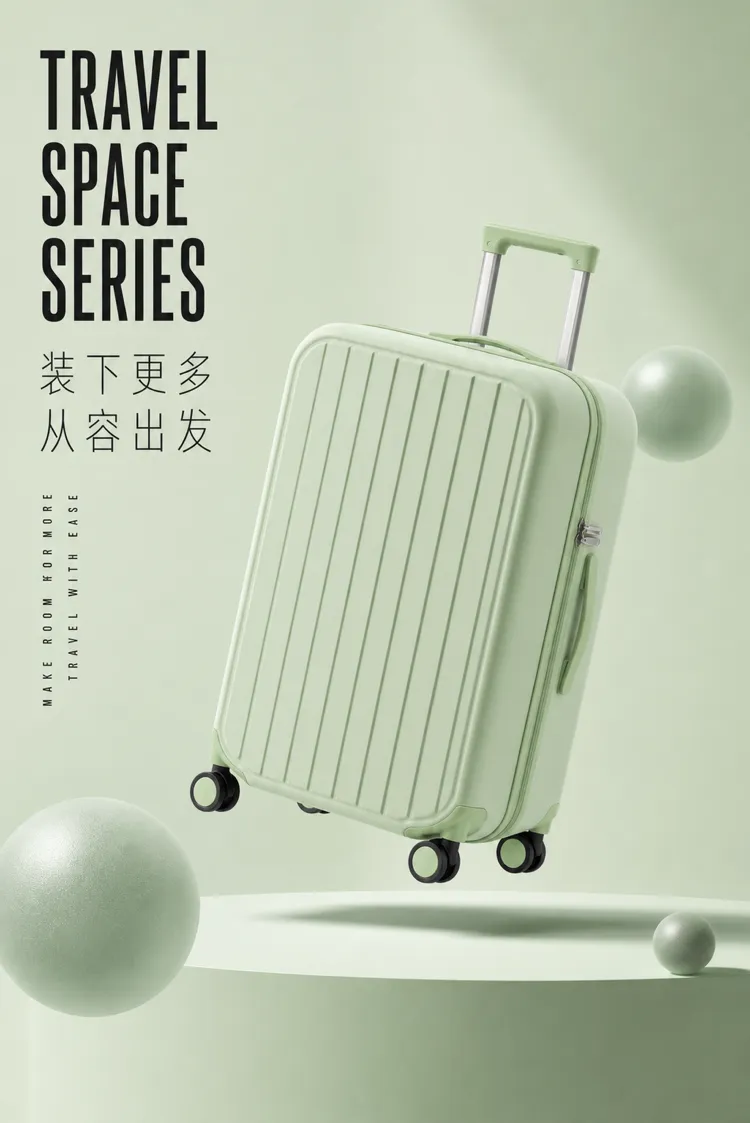 浅绿色旅行手提箱漂浮在平台上｜AI 生图提示词
