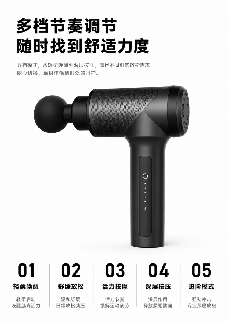 黑色按摩枪，五种肌肉缓解模式｜AI 生图提示词