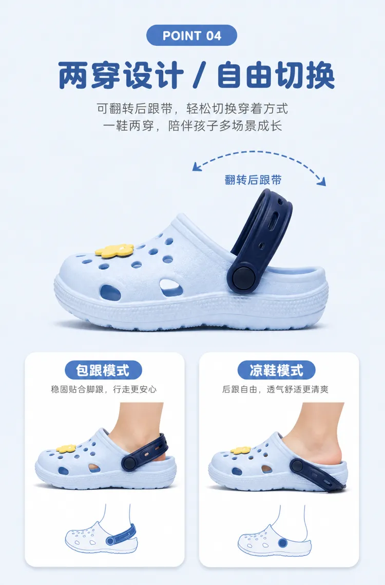 蓝色儿童木屐鞋，配有可翻转的鞋跟带设计｜AI 生图提示词