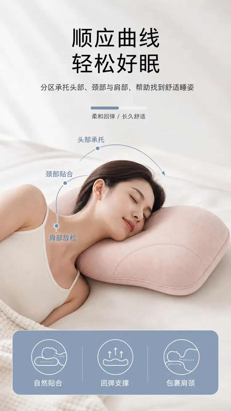 女人睡在粉色人体工学轮廓枕上。｜AI 生图提示词