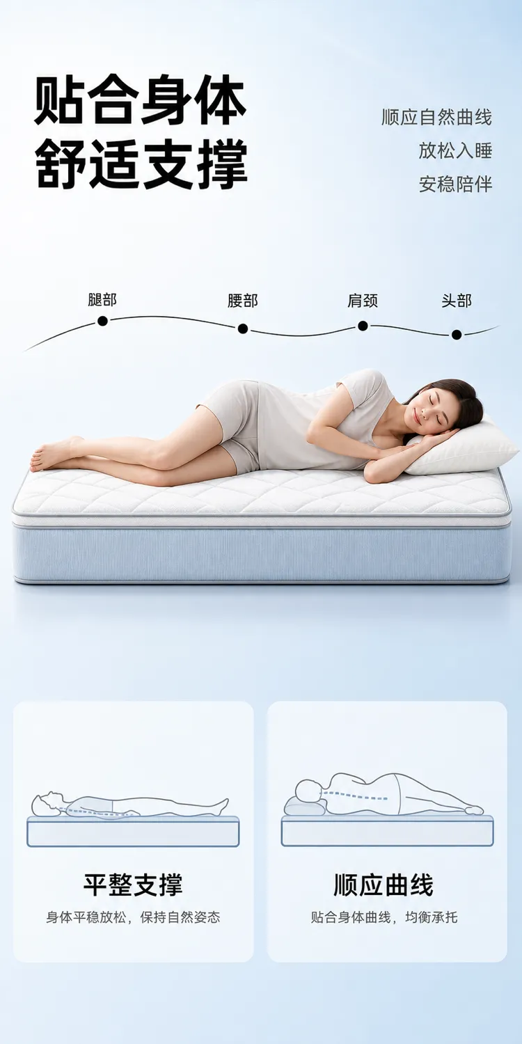 女性睡在支撑床垫上｜AI 生图提示词