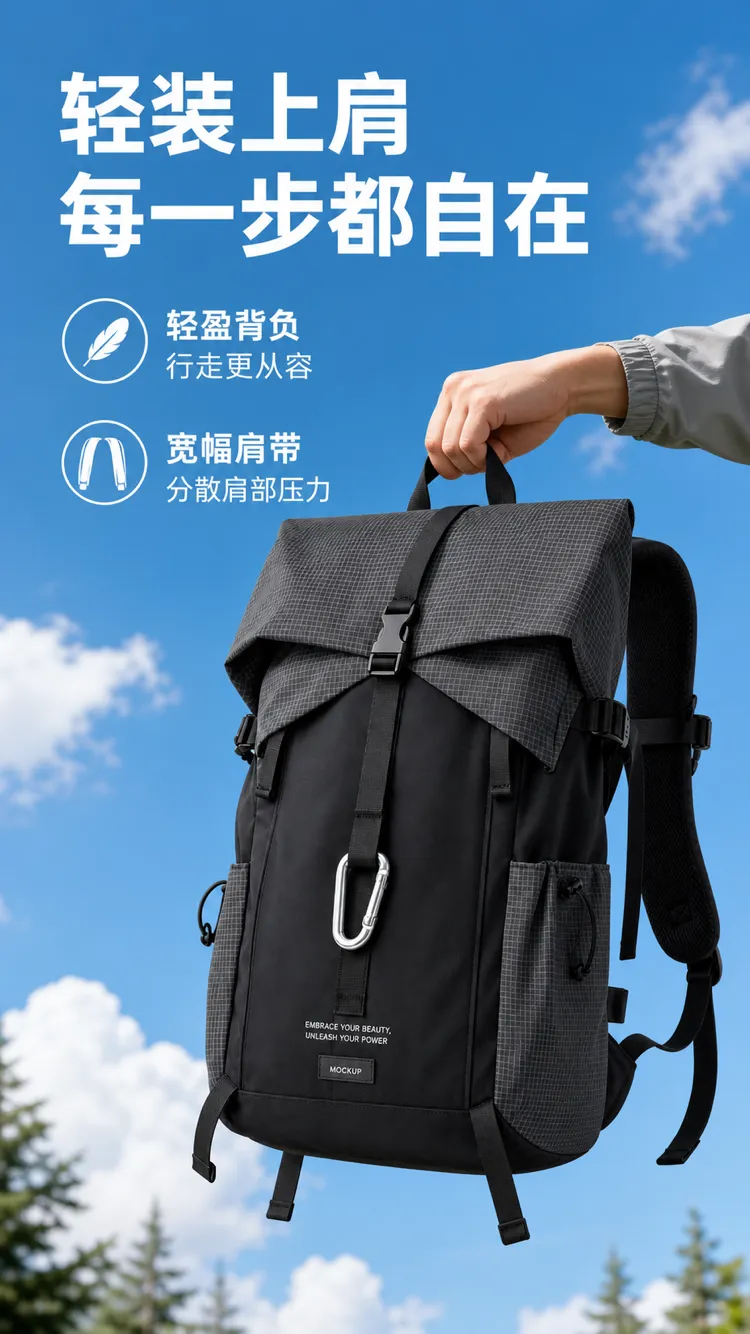 黑灰色轻量户外背包｜AI 生图提示词
