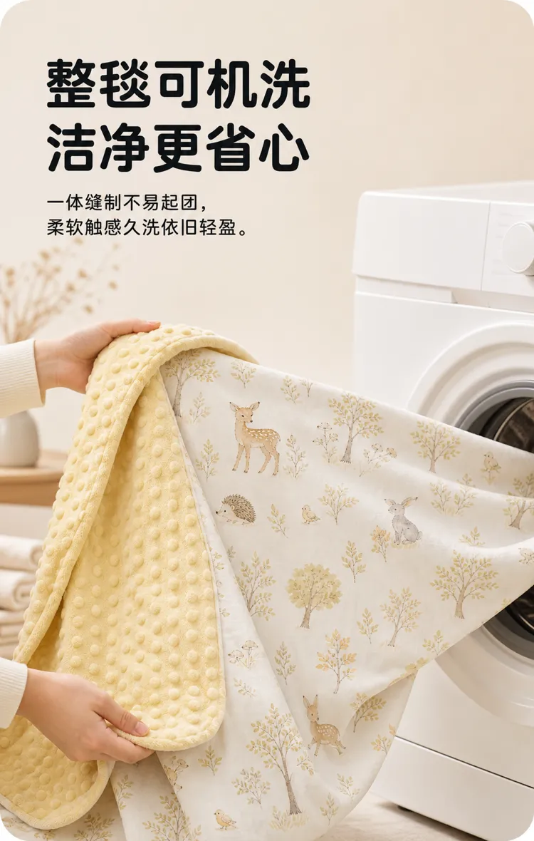 可机洗的森林动物纹婴儿毯｜AI 生图提示词