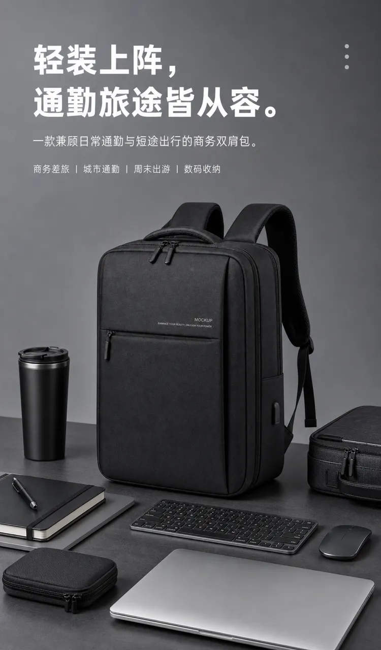 黑色商务背包模型，配有笔记本电脑和配件｜AI 生图提示词