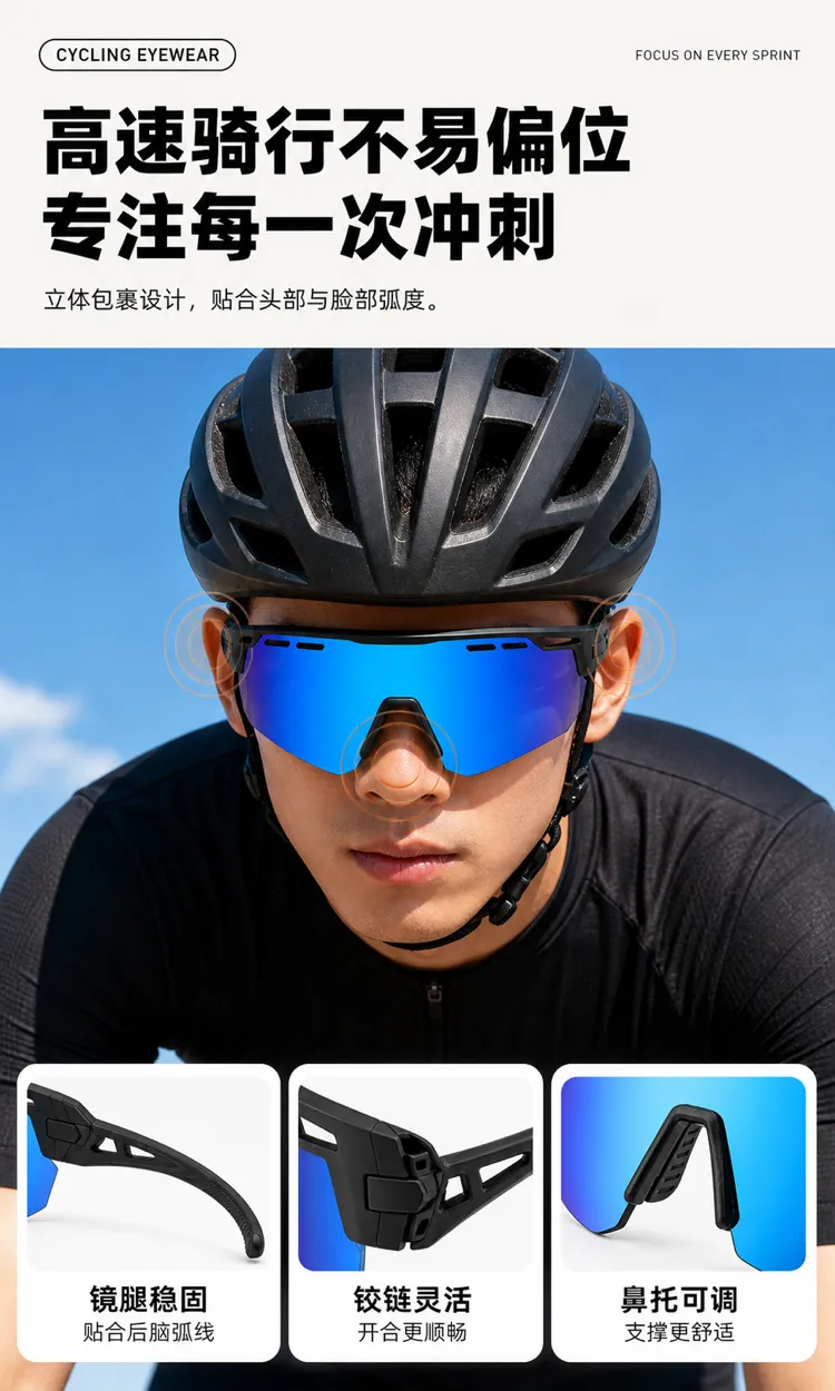 骑行者戴着蓝色反光太阳镜和黑色头盔｜AI 生图提示词
