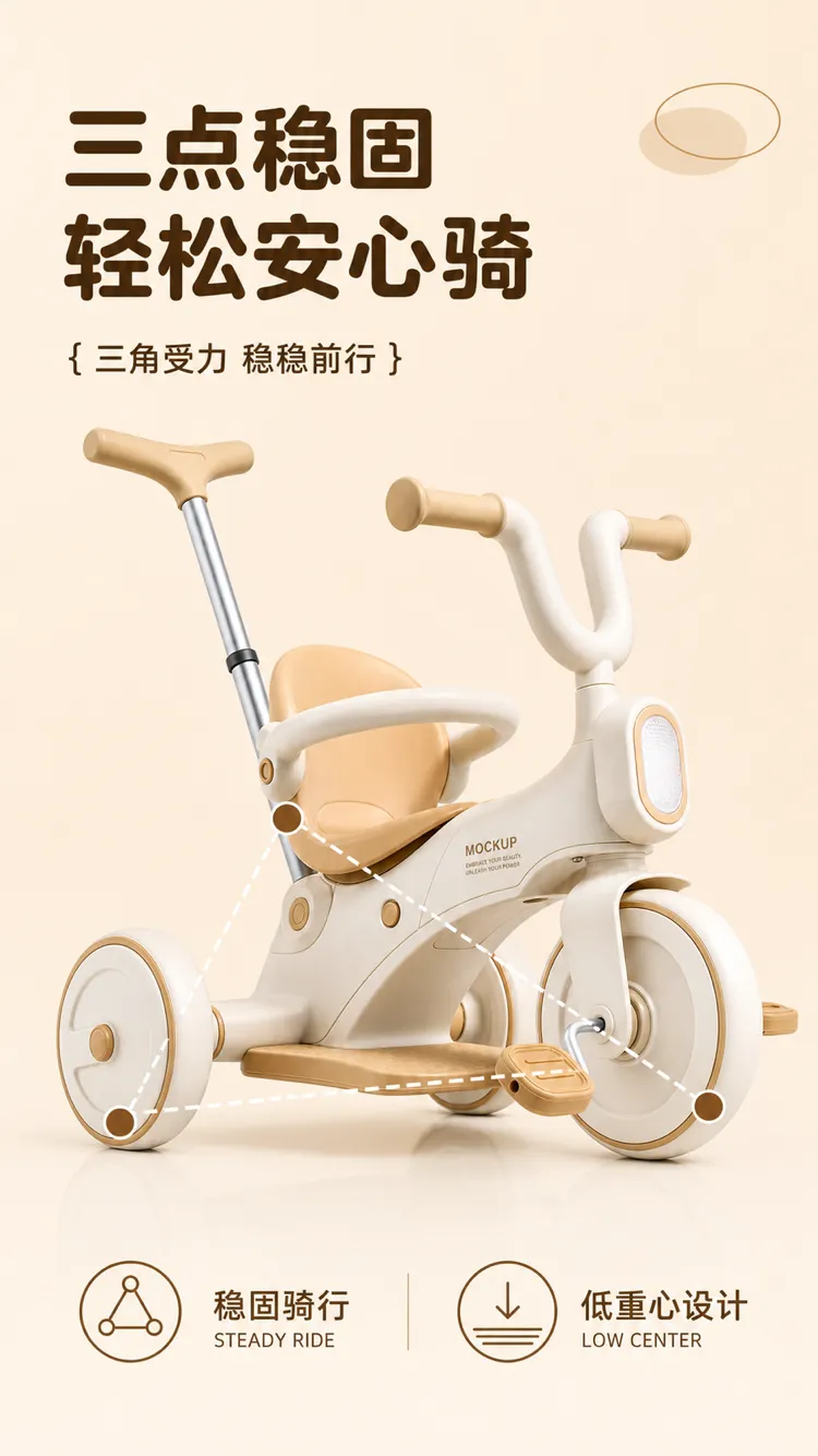 白色和米色婴儿三轮车模型，带把手｜AI 生图提示词