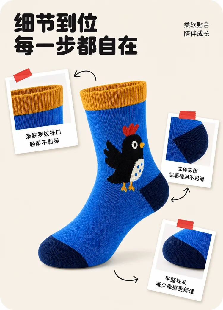 蓝色儿童袜子配卡通鸡及细节｜AI 生图提示词