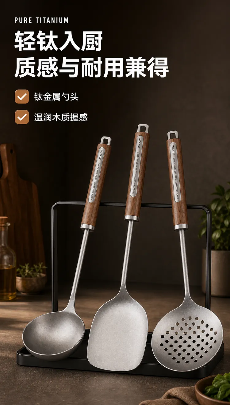 纯钛厨房用具带木柄｜AI 生图提示词