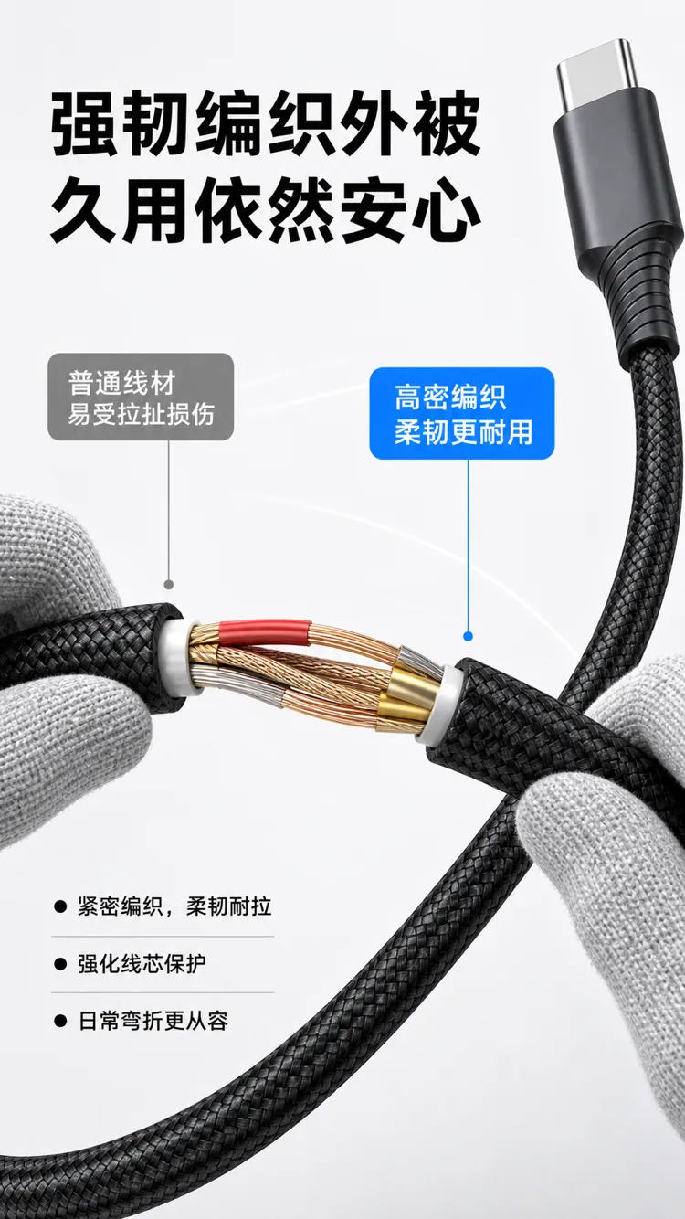 耐用编织 USB-C 线内部结构｜AI 生图提示词