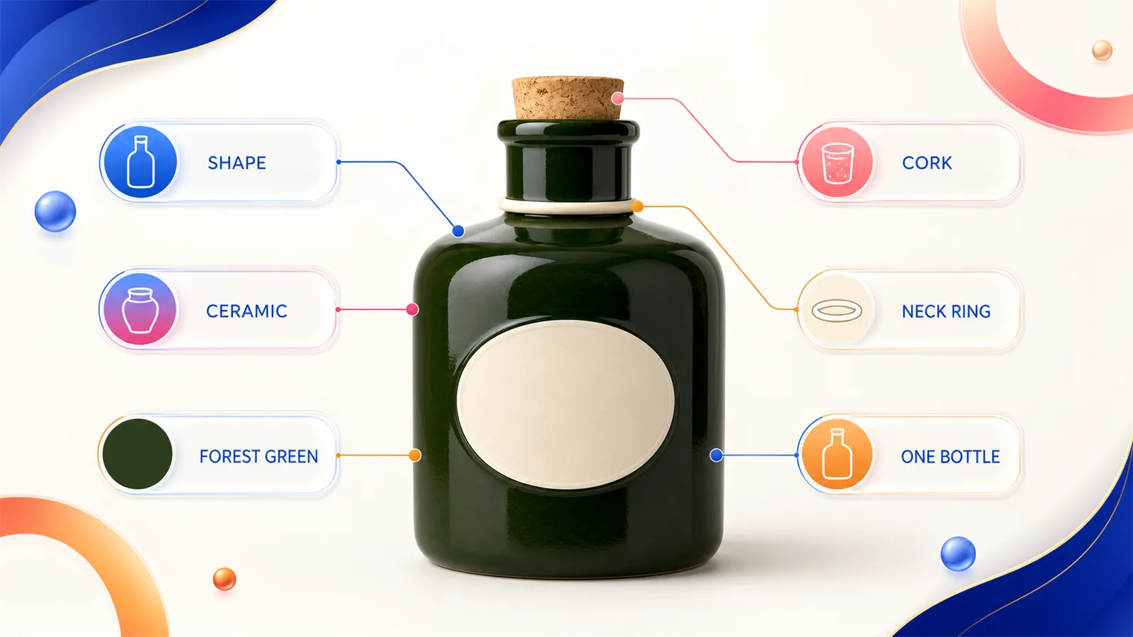 Break the product into checkable attributes A ceramic condiment bottle broken into checkable attributes: shape, material, color, cork, neck ring