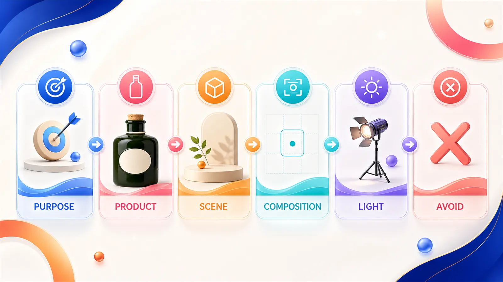 The six positions inside one prompt The six slots of a Nano Banana e-commerce prompt: purpose, product, scene, composition, light, exclusions