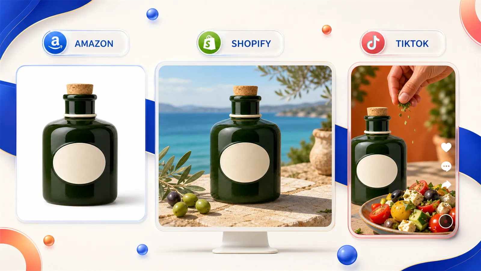 同一商品针对 Amazon、Shopify 和 TikTok Shop 改写场景与构图的对比