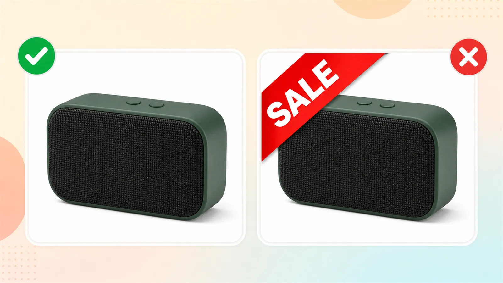 同一款音箱的干净 Google Shopping 商品主图与带 SALE 促销角标的错误示例对照