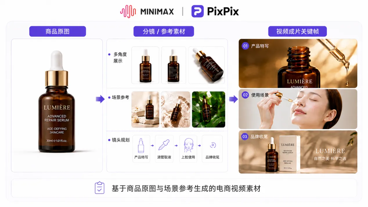商品原图生成电商营销视频流程 从商品原图、分镜参考素材到产品特写、使用场景和品牌收尾视频关键帧的流程