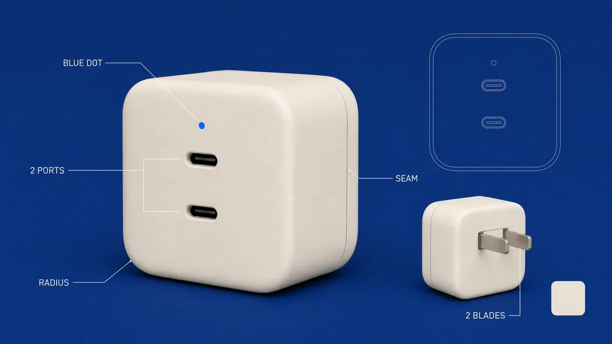 充电器商品身份锚点 双 USB-C 充电器端口、指示点、接缝、圆角与插脚身份锚点