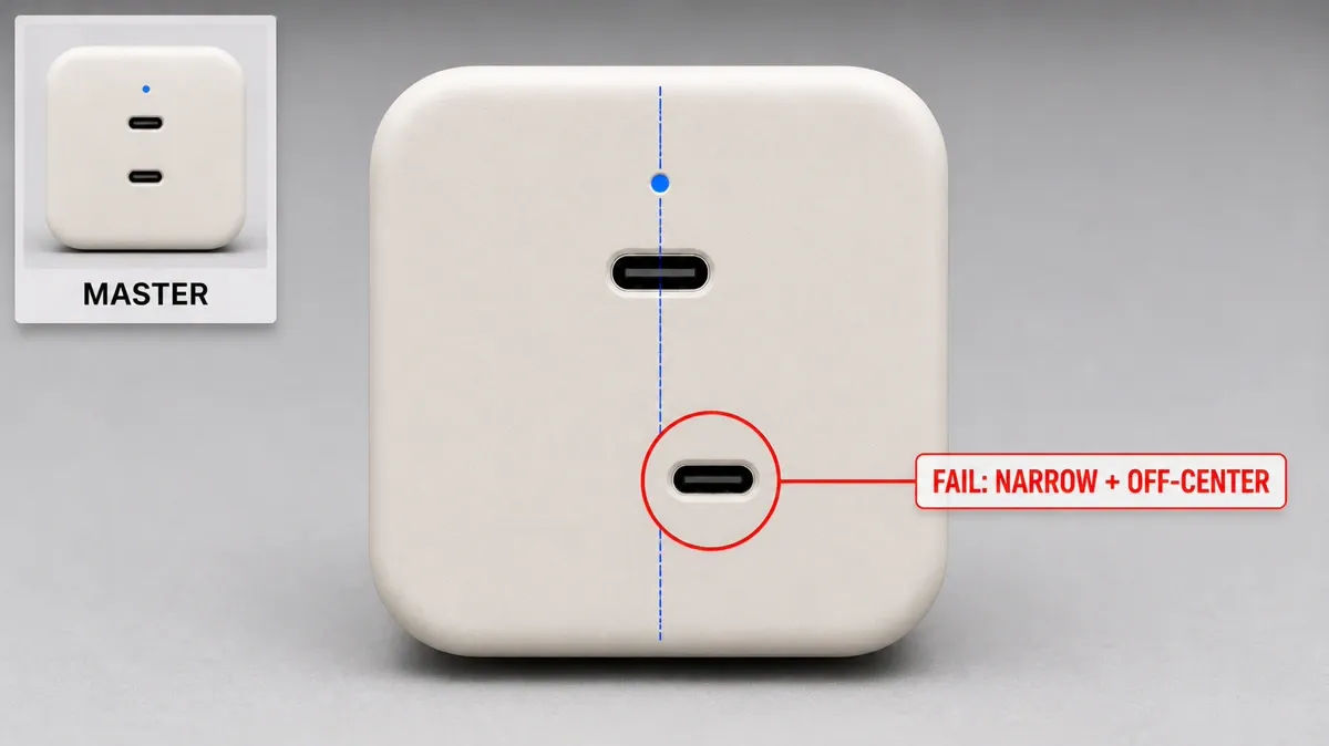 USB-C 接口失败示例 下方 USB-C 接口变窄并偏离中心的明确失败示例