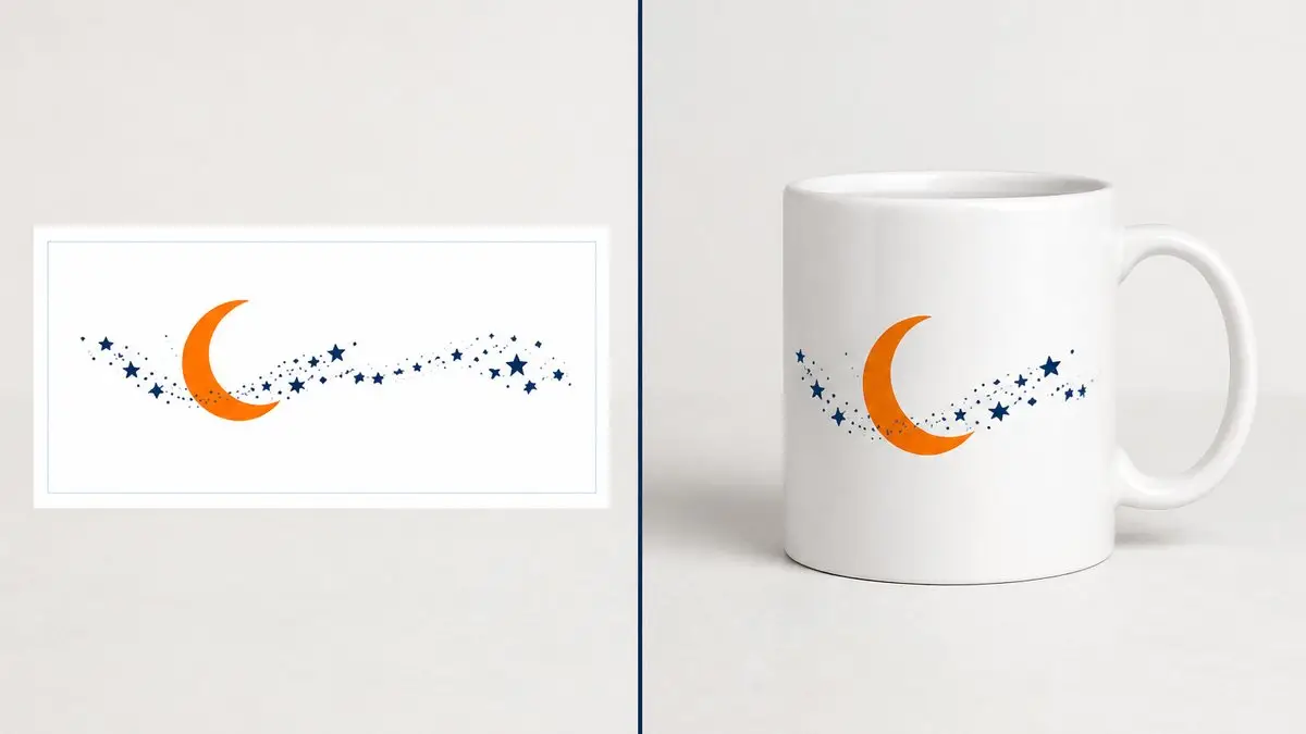 马克杯展开生产模板与正面展示 Mockup 分开核对的示意图