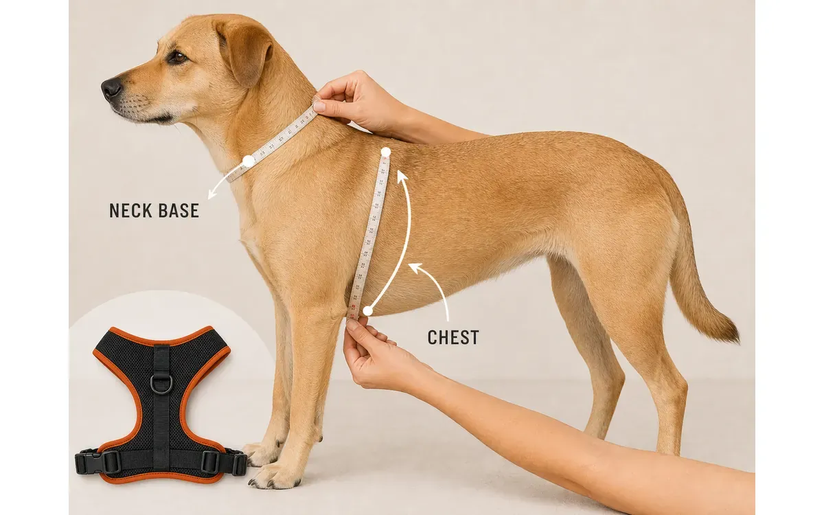 站立犬只侧面标出前腿后方胸围和颈肩区域颈围的软尺路径