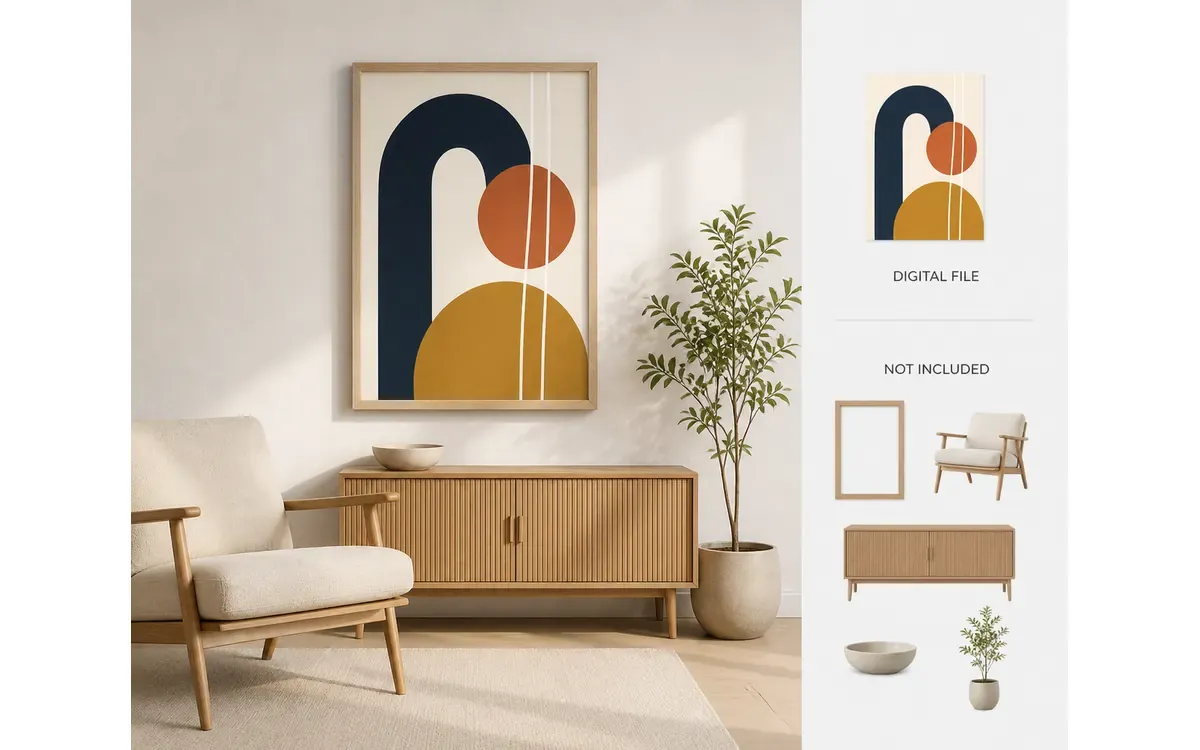 数字装饰画与实体画框的交付边界 数字装饰画作品在画框 Mockup 中展示并明确区分下载文件和场景道具