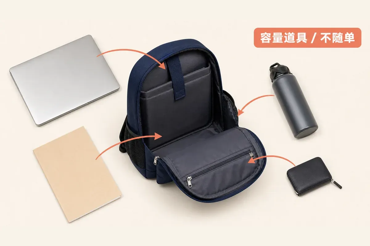 深海军蓝双肩包完全打开，电脑、文件夹、水杯和钱包分别对应主仓、电脑隔层、侧袋和内袋，并标明道具不随单