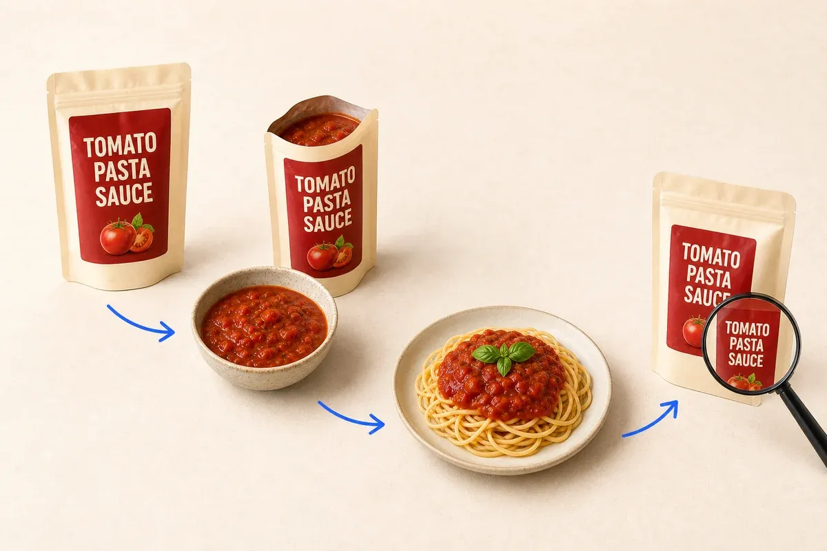 食品商品图从密封包装到食用场景的证据链 密封食品包装、开封内容物、成品摆盘和标签核对四个阶段的流程示意