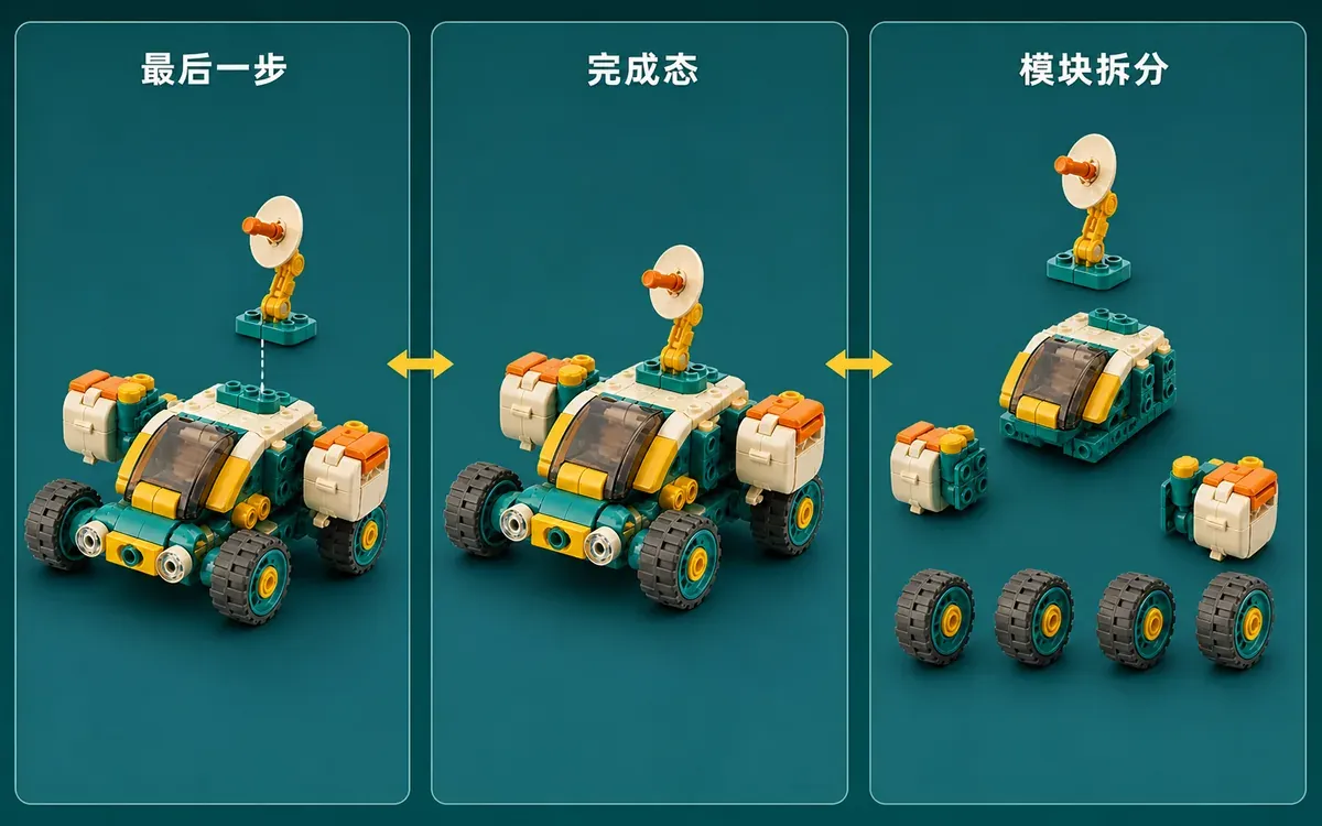 积木三种状态的回归验收 同一探测车在仅剩天线待装完整完成态和模块拆分三种状态间回归核对